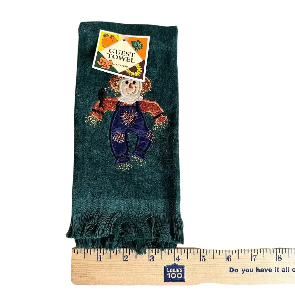 Vintage Harvest Fringe Fingertip Towel Green Scarecrow Fall Embroidered New